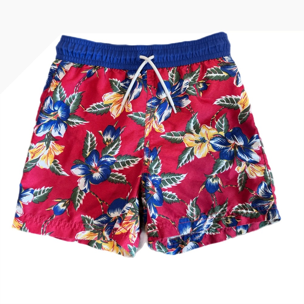 Janie and Jack Boys Size 6 Swim Trunks Red Blue Floral Hawaiian Board Shorts